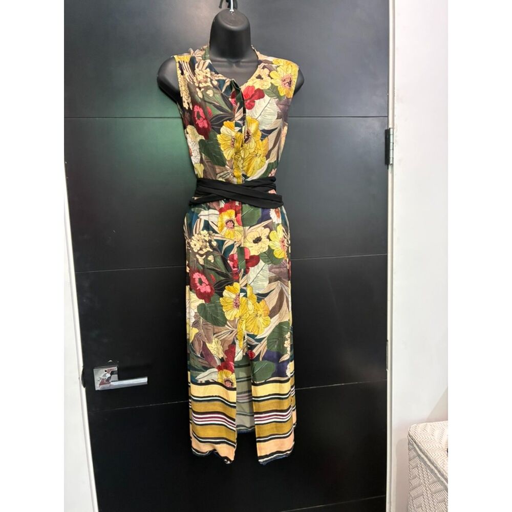 Zara Fall Floral sleeveless Dress with stripe bottom and ribbon wrap around belt